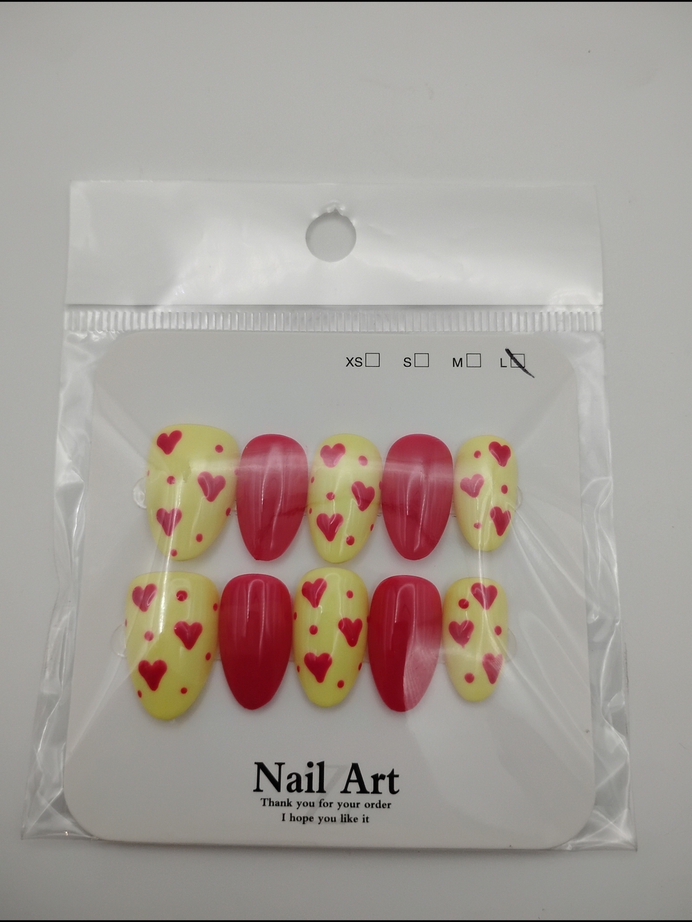 Almond Shape Yellow & Red Heart Professionally Made Nails- Large